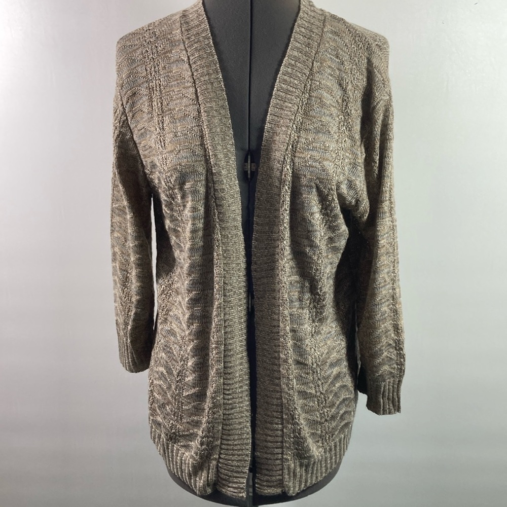Fresh Open Front Light Weight Sweater Women Size Medium Brown & Tan Ribbed Edges